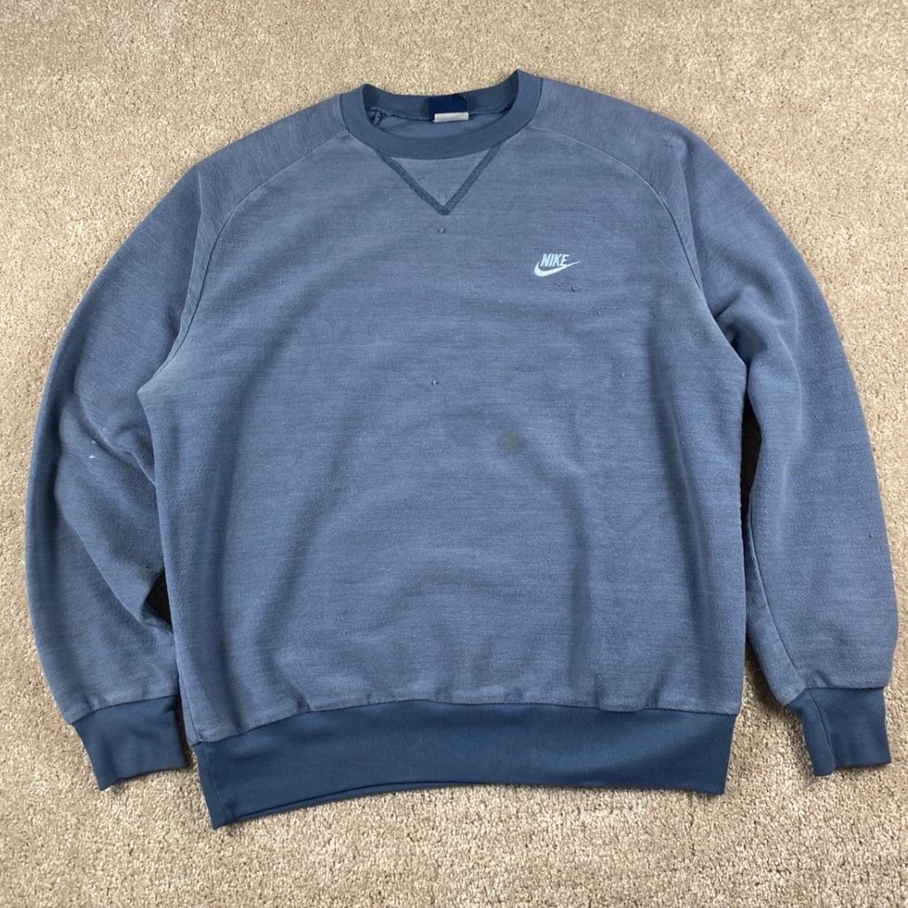 Vintage 90s Nike Raglan Sweatshirt Blue Embroidered Logo Mens Large Distressed
